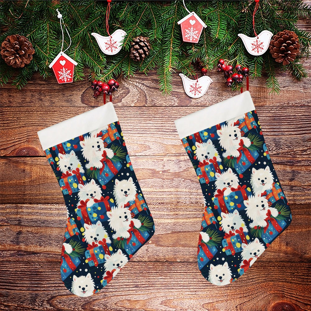 Festive Furry American Eskie Christmas Stocking-Christmas Ornament-American Eskimo Dog, Christmas, Home Decor-26X42CM-White-2