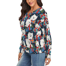 Load image into Gallery viewer, Festive Furry American Eskie Women&#39;s V-Neck Christmas Sweater-Apparel-American Eskimo Dog,Apparel,Christmas,Dog Mom Gifts,Sweater,Sweatshirt-3