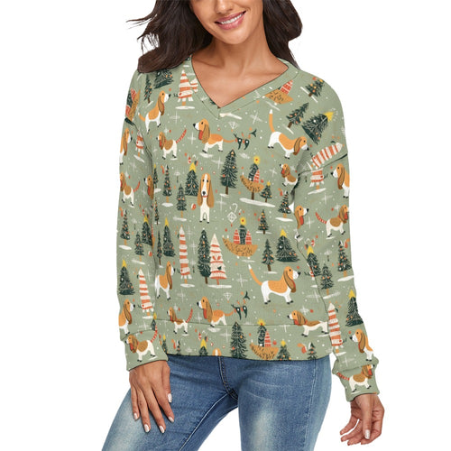 Festive Holiday Basset Hounds Women's V-Neck Christmas Sweater-Apparel-Apparel,Basset Hound,Christmas,Dog Mom Gifts,Sweater,Sweatshirt-3