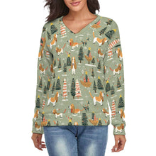 Load image into Gallery viewer, Festive Holiday Basset Hounds Women&#39;s V-Neck Christmas Sweater-Apparel-Apparel,Basset Hound,Christmas,Dog Mom Gifts,Sweater,Sweatshirt-S-White-1