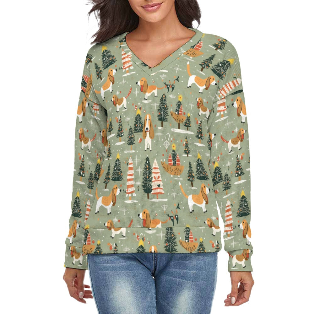 Festive Holiday Basset Hounds Women's V-Neck Christmas Sweater-Apparel-Apparel,Basset Hound,Christmas,Dog Mom Gifts,Sweater,Sweatshirt-S-White-1
