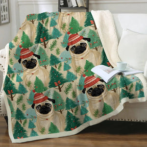Festive Pug and Pine Forest Christmas Blanket-Blanket-Blankets, Christmas, Home Decor, Pug-10