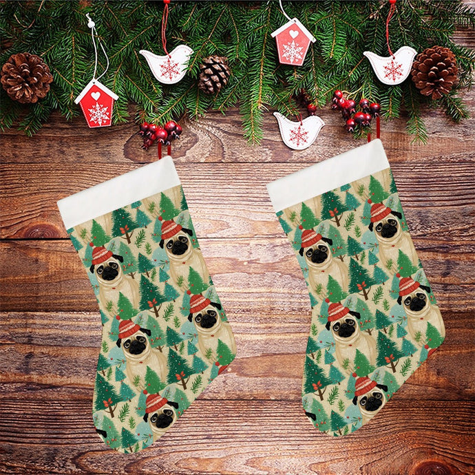 Festive Pug and Pine Forest Christmas Stocking-Christmas Ornament-Christmas, Home Decor, Pug-26X42CM-White-2