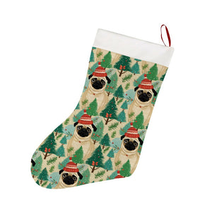 Festive Pug and Pine Forest Christmas Stocking-Christmas Ornament-Christmas, Home Decor, Pug-26X42CM-White-1
