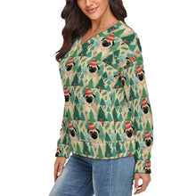 Load image into Gallery viewer, Festive Pug and Pine Forest Women's V-Neck Christmas Sweater-Apparel-Apparel,Christmas,Dog Mom Gifts,Pug,Sweater,Sweatshirt-3