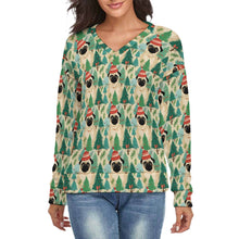 Load image into Gallery viewer, Festive Pug and Pine Forest Women's V-Neck Christmas Sweater-Apparel-Apparel,Christmas,Dog Mom Gifts,Pug,Sweater,Sweatshirt-S-White15-1