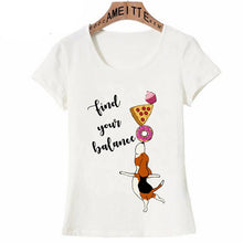 Load image into Gallery viewer, Image of Beagle T-Shirt in the cutest Beagle balancing his or her diet - with a cupcake, pizza, and donut design