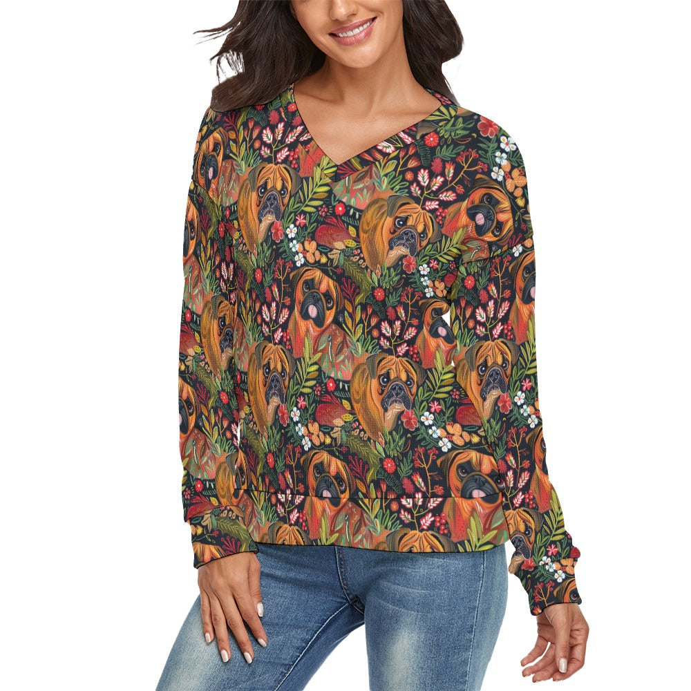 Floral Boxers In Bloom Womens V Neck Christmas Sweater