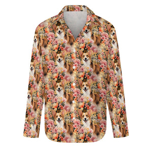 Floral Corgi Blossom Delight Women's Shirt - 2 Designs-Apparel-Apparel, Corgi, Shirt-Zoom In - Bigger Flowers-M-5