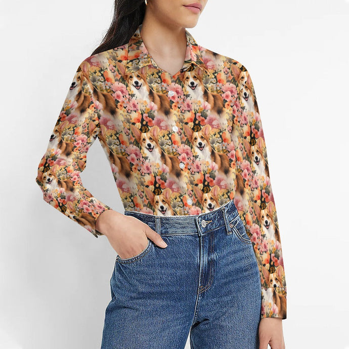 Floral Corgi Blossom Delight Women's Shirt - 2 Designs-Apparel-Apparel, Corgi, Shirt-Zoom In - Bigger Flowers-S-1