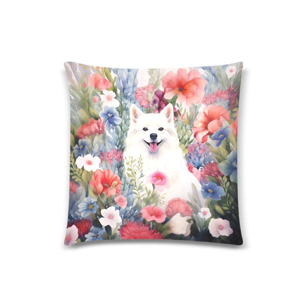 Floral Embrace American Eskimo Dog Throw Pillow Cover-Cushion Cover-American Eskimo Dog, Home Decor, Pillows-White-ONESIZE-1