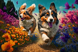 Floral Fantasia Corgis Wall Art Poster-Art-Corgi, Dog Art, Home Decor, Poster-Light Canvas-Tiny - 8x10"-1