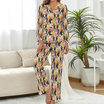 Floral Fantasy Boston Terriers Pajamas Set for Women-Pajamas-Apparel, Boston Terrier, Pajamas-S-1