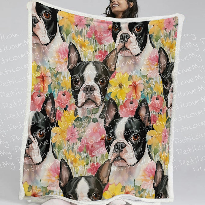Floral Fantasy Boston Terriers Soft Warm Fleece Blanket-Blanket-Blankets, Boston Terrier, Home Decor-Small-1