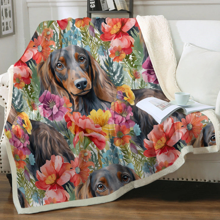 Floral Fantasy Chocolate-Tan Dachshunds Soft Warm Fleece Blanket-Blanket-Blankets, Dachshund, Home Decor-11