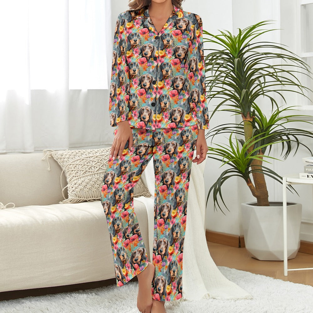 Floral Fantasy Dachshunds Pajama Set for Women-2