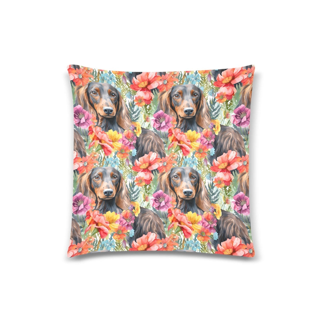 Floral Fantasy Long Haired Chocolate Tan Dachshunds Throw Pillow Cover-Cushion Cover-Dachshund, Home Decor, Pillows-One Size-1