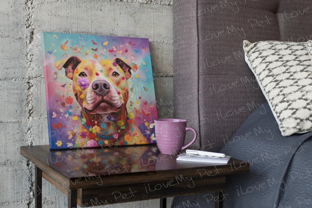 Floral Fantasy Pit Bull Framed Wall Art Poster-Art-Dog Art, Home Decor, Pit Bull, Poster-Framed Light Canvas-Small - 8x8
