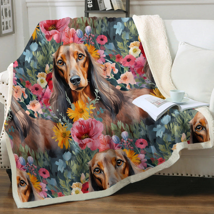 Floral Frolic Chocolate Dachshunds Soft Warm Fleece Blanket-Blanket-Blankets, Dachshund, Home Decor-Small-1