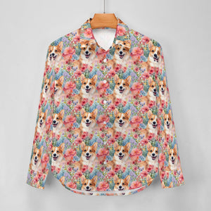 Floral Harmony Corgis and Blossoms Women's Shirt-4