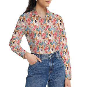Floral Harmony Corgis and Blossoms Women's Shirt-5