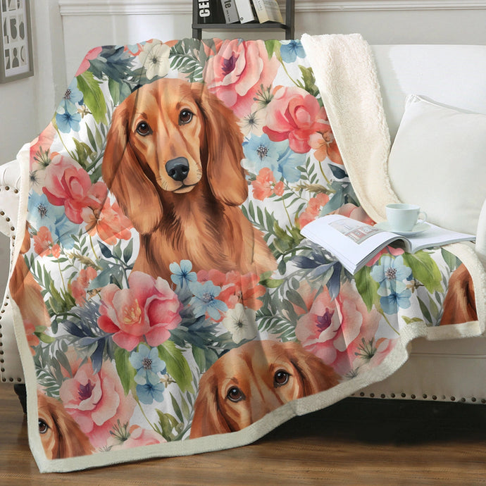 Floral Meadow Red Dachshunds Soft Warm Fleece Blanket-Blanket-Blankets, Dachshund, Home Decor-Small-1