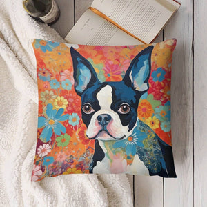 Floral Mosaic Boston Terrier Plush Pillow Case-Cushion Cover-Boston Terrier, Dog Dad Gifts, Dog Mom Gifts, Home Decor, Pillows-4