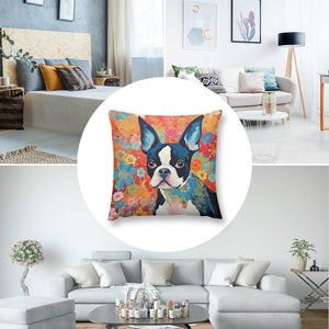 Floral Mosaic Boston Terrier Plush Pillow Case-Cushion Cover-Boston Terrier, Dog Dad Gifts, Dog Mom Gifts, Home Decor, Pillows-8