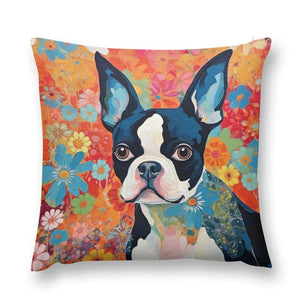 Floral Mosaic Boston Terrier Plush Pillow Case-Cushion Cover-Boston Terrier, Dog Dad Gifts, Dog Mom Gifts, Home Decor, Pillows-12 "×12 "-1
