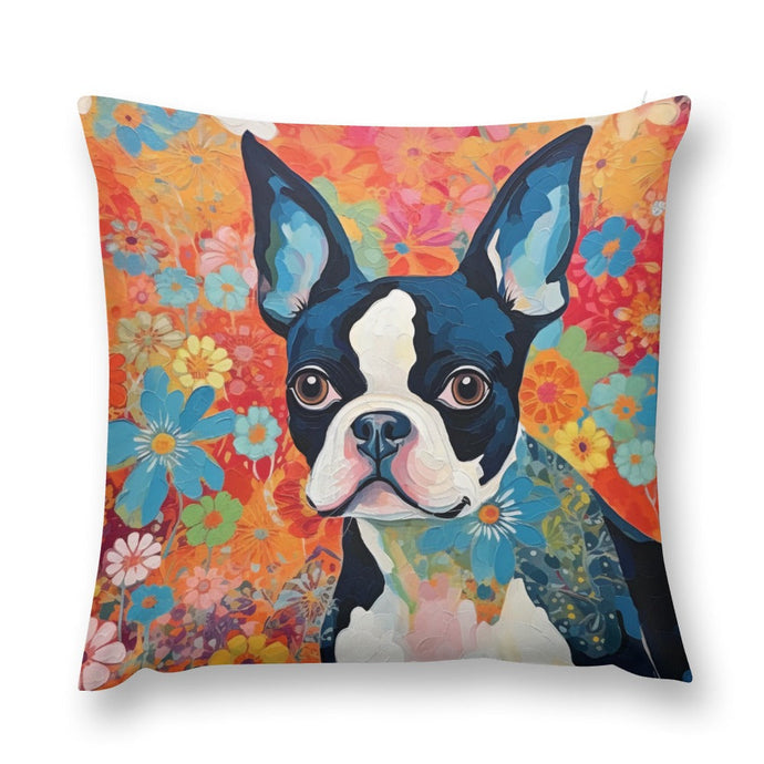 Floral Mosaic Boston Terrier Plush Pillow Case-Cushion Cover-Boston Terrier, Dog Dad Gifts, Dog Mom Gifts, Home Decor, Pillows-12 