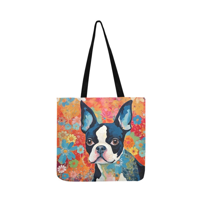 Floral Mosaic Boston Terrier Shopping Tote Bag-Accessories-Accessories, Bags, Boston Terrier, Dog Dad Gifts, Dog Mom Gifts-ONESIZE-1