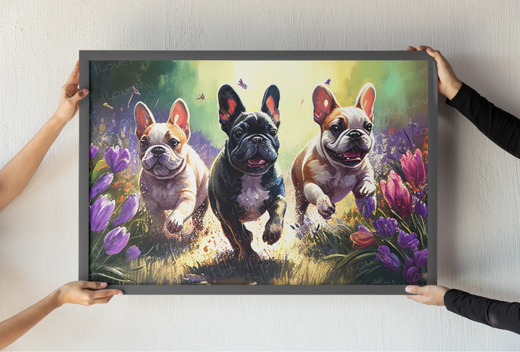 Floral Splendor French Bulldogs Wall Art Poster-Art-Dog Art, French Bulldog, Home Decor, Poster-Light Canvas-Tiny - 8x10