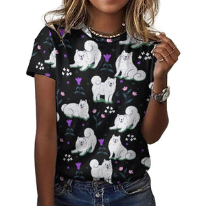 Image of a lady wearing an American Eskimo Dog t-shirt in the color black