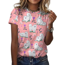 Load image into Gallery viewer, Image of a lady wearing an American Eskimo Dog t-shirt in pink color