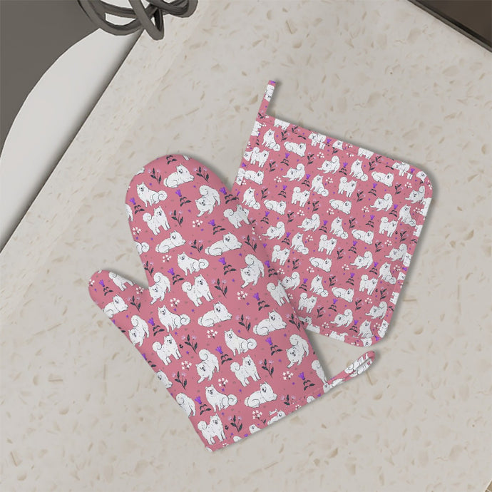 Flower Garden American Eskimo Dog Oven Mitts and Pot Holder Set-Kitchen Decor-Accessories,American Eskimo Dog,Dog Mom Gifts-1