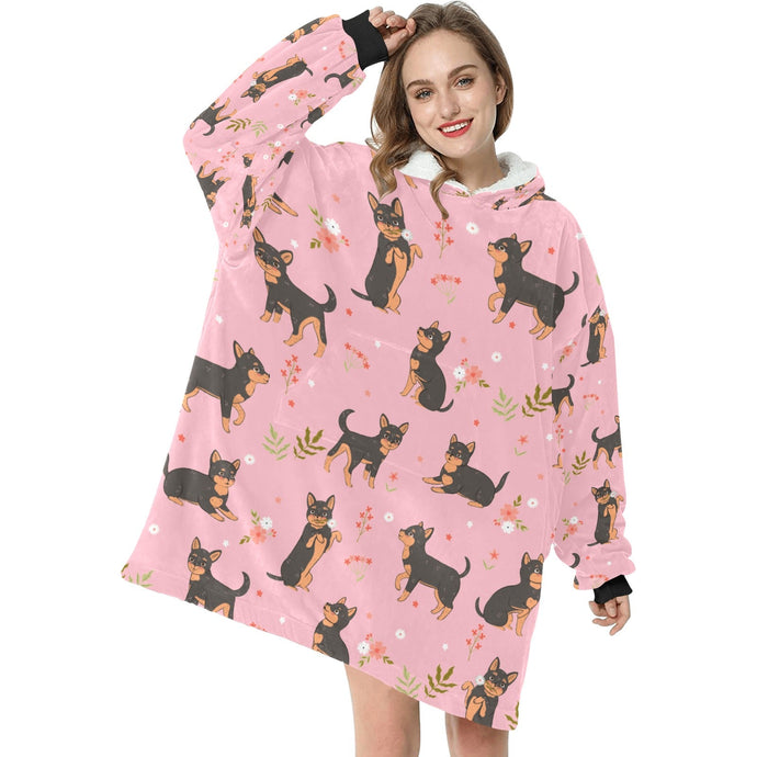 Flower Garden Black and Tan Chihuahua Blanket Hoodie for Women-Apparel-Apparel, Blankets-7