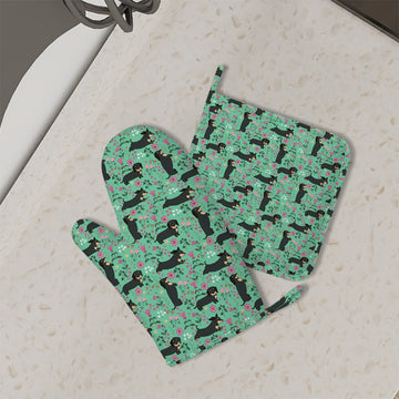 Flower Garden Black Dachshund Oven Mitts And Pot Holder Set 7 360x