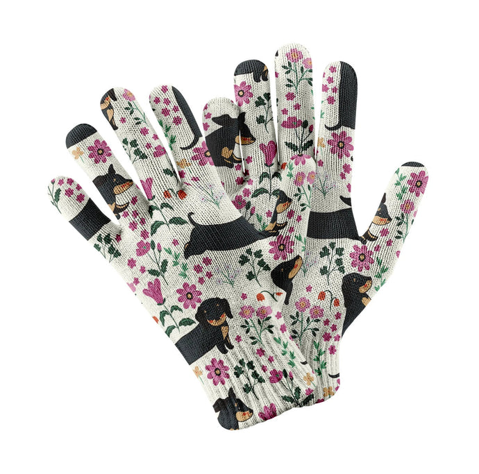 Flower Garden Black Dachshund Touch Screen Gloves-Accessories-Accessories, Dachshund, Dog Dad Gifts, Dog Mom Gifts, Gloves-White-1