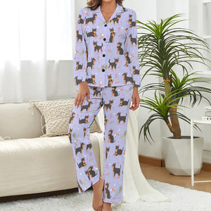 Flower Garden Black Tan Chihuahuas Pajamas Set for Women-Pajamas-Apparel, Chihuahua, Pajamas-Lavender-S-2
