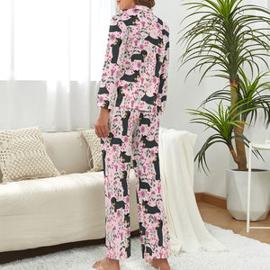 Flower Garden Black Tan Dachshunds Pajamas Set for Women-Pajamas-Apparel, Dachshund, Pajamas-10