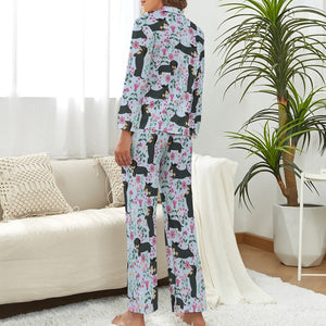 Flower Garden Black Tan Dachshunds Pajamas Set for Women-Pajamas-Apparel, Dachshund, Pajamas-12