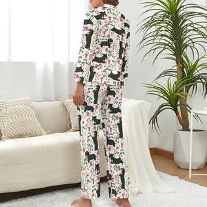 Flower Garden Black Tan Dachshunds Pajamas Set for Women-Pajamas-Apparel, Dachshund, Pajamas-8