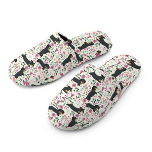 Flower Garden Black Tan Dachshunds Women's Cotton Mop Slippers-Footwear-Accessories, Dachshund, Slippers-2