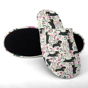 Flower Garden Black Tan Dachshunds Women's Cotton Mop Slippers-Footwear-Accessories, Dachshund, Slippers-3