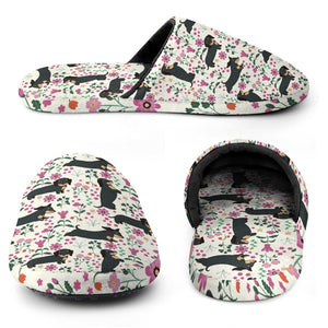 Flower Garden Black Tan Dachshunds Women's Cotton Mop Slippers-Footwear-Accessories, Dachshund, Slippers-4