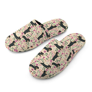 Flower Garden Black Tan Dachshunds Women's Cotton Mop Slippers-Footwear-Accessories, Dachshund, Slippers-5