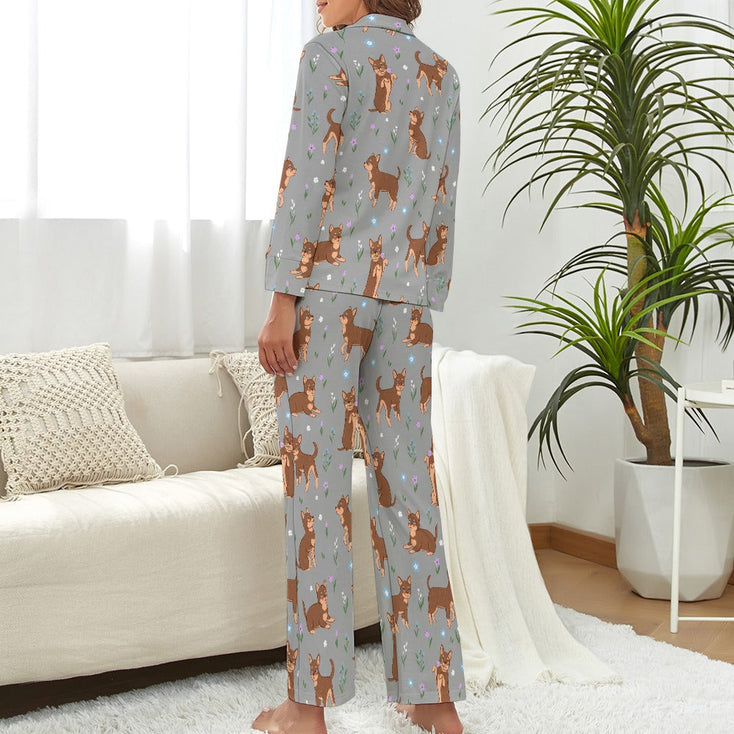 Flower Garden Chocolate Chihuahuas Pajama Set for Women-Pajamas-Apparel, Chihuahua, Pajamas-14