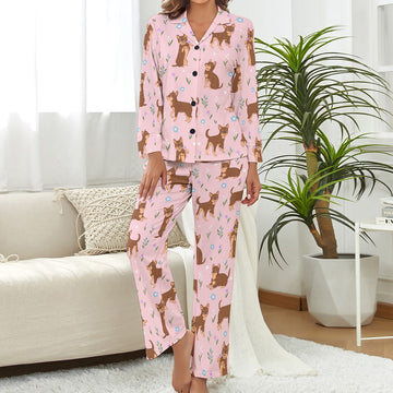 Flower Garden Chocolate Chihuahuas Pajama Set for Women-Pajamas-Apparel, Chihuahua, Pajamas-Light Pink-S-2