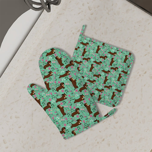 Flower Garden Chocolate Dachshund Oven Mitts and Pot Holder Set-Kitchen Decor-Accessories,Dachshund,Dog Mom Gifts-7