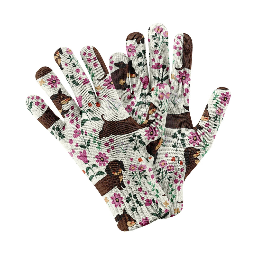 Flower Garden Chocolate Dachshund Touch Screen Gloves-Accessories-Accessories, Dachshund, Dog Dad Gifts, Dog Mom Gifts, Gloves-White-1